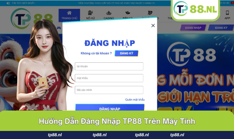 Giao diện đăng nhập tại TP88 trên máy tính đơn giản và dễ dùng.