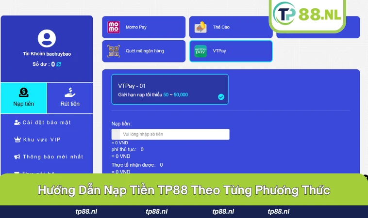 Đa dạng các phương thức nạp tiền tại TP88.